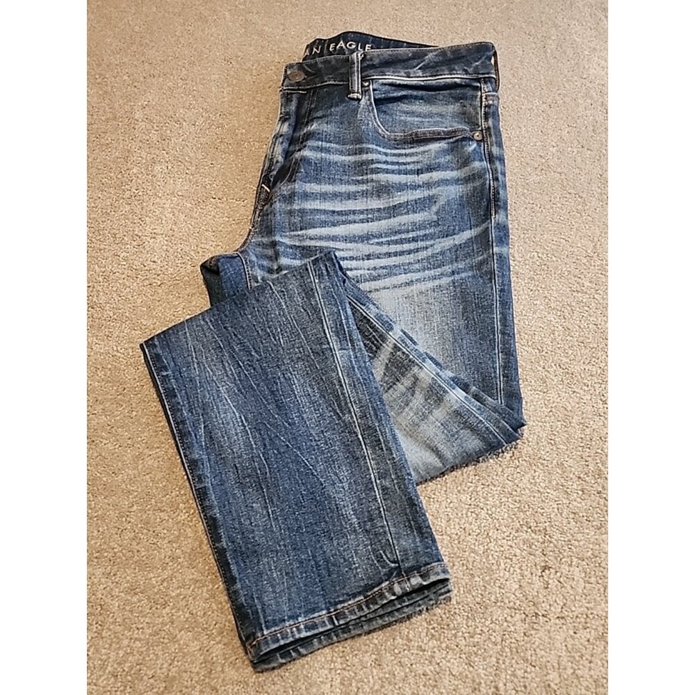 American Eagle Airflex+  Skinny Stretch Denim Blue Jeans Mens 34 x 32 Whiskers